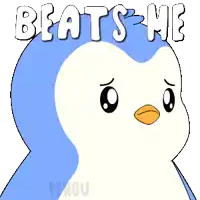 a blue and white penguin with the words " beats me " on top of it
