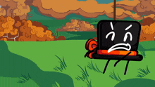 a cartoon character with a sad face is sitting in a chair