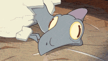 a cartoon drawing of a lizard laying on the ground with a broken egg in the background