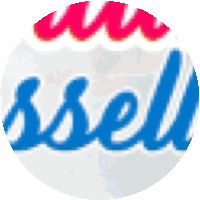 a blue and white circle with the word russel on it