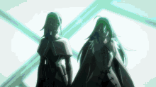 two anime characters are standing next to each other in a room