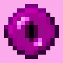 a pixel art of a purple donut with a hole in the middle on a pink background .