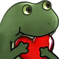 a green frog holding a red heart in its hands