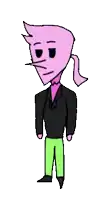 a cartoon character with a pink head and green pants is wearing a black jacket and green pants .