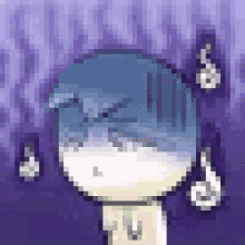 a pixel art drawing of a person with blue hair and a purple background