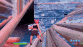 a girl in a video game is jumping over a cliff with the number 84 in the background .
