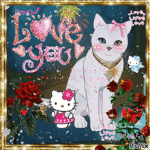 a picture of a cat and hello kitty with the words love you in the background