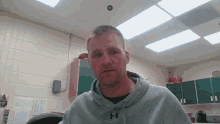 a man wearing a grey under armour hoodie stands in a room