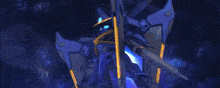 a person is standing in a dark room with a sword in their hand and a blue background .