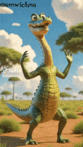 a cartoon crocodile with a long neck is standing in a field with trees