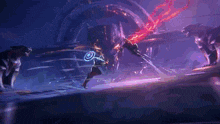 a man with a shield is fighting a monster