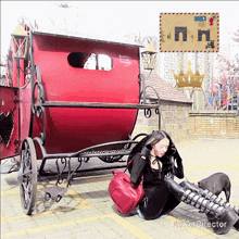a woman sits on the ground in front of a red horse drawn carriage and a postcard that says " power director "