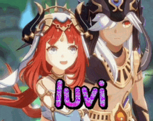 a girl with red hair is standing next to a man with white hair and the name luvi is written in pink letters
