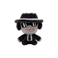 a stuffed animal with a black hat and a white stripe
