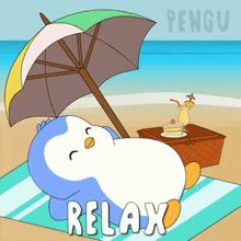 a penguin is laying under an umbrella on a beach and the word relax is below it