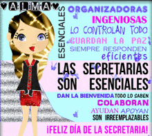 a picture of a girl with the words organizadoras ingeniosas lo controlan todo and las secretarias son esenciales on it
