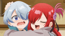 a girl with blue hair and a girl with red hair hugging each other