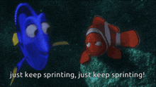 a picture of dory and clown fish with the words just keep sprinting