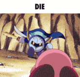 a cartoon character holding a sword with the word die above it