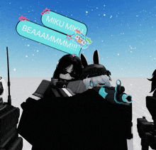 miku miku beaaammmmm !!! is written on a sign above a person