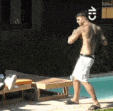 a shirtless man stands next to a swimming pool with a sign that says civ