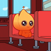 a cartoon character is sitting on a red seat next to a sign that says y exit