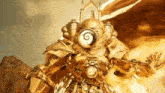 a gold robot with a clock on his head is standing in front of a fire .