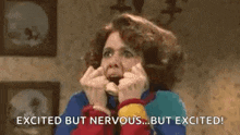 a woman is covering her mouth with her hands and says `` excited but nervous but excited '' .