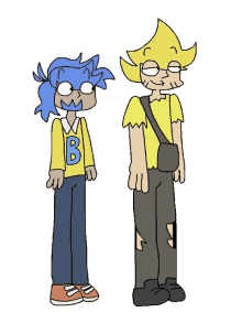 two cartoon characters are standing next to each other .