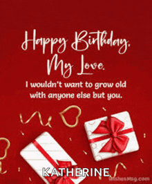 a birthday card for katherine with gifts and confetti on a red background