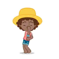 a cartoon character wearing a yellow hat covering his nose with his hand
