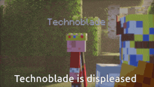 a picture of a minecraft character with the words technoblade is displeased below it