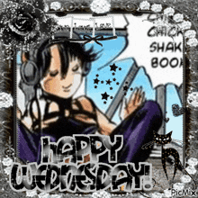 a picture of a girl with headphones reading a book and the words happy wednesday