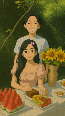 a boy and a girl are standing next to a table with fruit