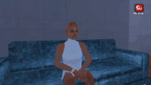 a video game character named valentina schlacher sitting on a blue couch