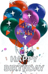 a bunch of colorful balloons with the words `` happy birthday '' written on them .