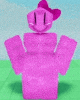 a pink robot with a bow on its head is standing in a field .