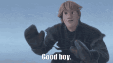 a cartoon character says " good boy " in the snow