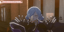a computer generated image of a girl with blue hair and black clothes