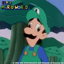a cartoon of a man with a green hat and overalls from super mario world