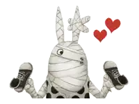 a mummy rabbit is holding a pair of black shoes