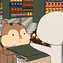 a cartoon squirrel is standing next to a white squirrel in a supermarket .