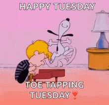 a cartoon of a boy playing a piano and snoopy jumping in the air .