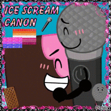ice scream canon is a cartoon character that is holding a microphone and a cookie .