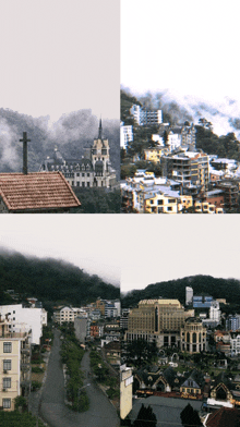 a collage of four pictures shows a city with a church in the background