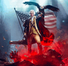 a painting of george washington holding a gun with an eagle behind him