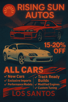 a poster for rising sun autos shows two cars