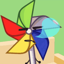 a colorful pinwheel with a face and arms
