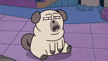 a cartoon pug dog is sitting on the floor with its tongue hanging out