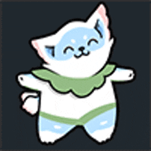a cartoon cat with blue eyes and a green scarf around its neck is flying in the air .